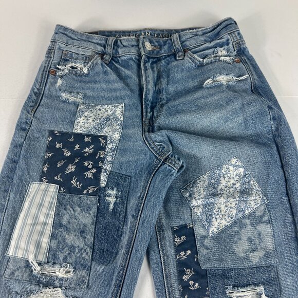 American Eagle Jeans Women's 0 Reg Mom Straight Blue Patchwork Distressed Denim - Picture 2 of 16